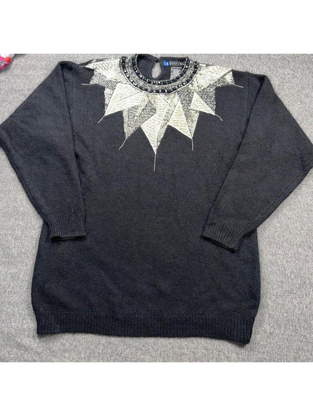 VTG 1989 I.B. Diffusion black sweater silver and black beading angora/silk Large